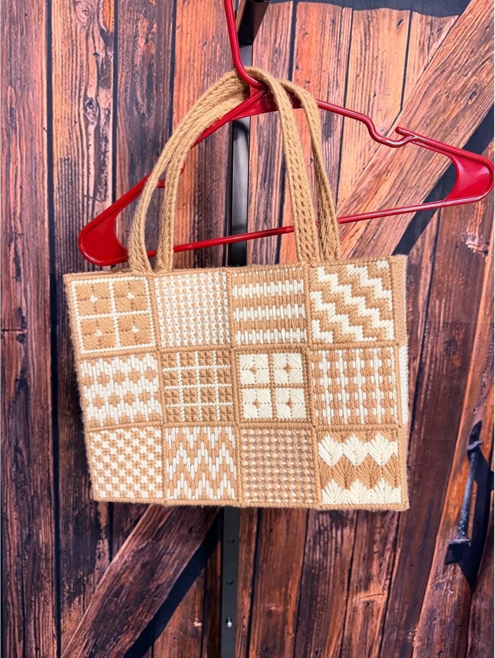 Handwoven Beige and Cream Patchwork Tote Bag